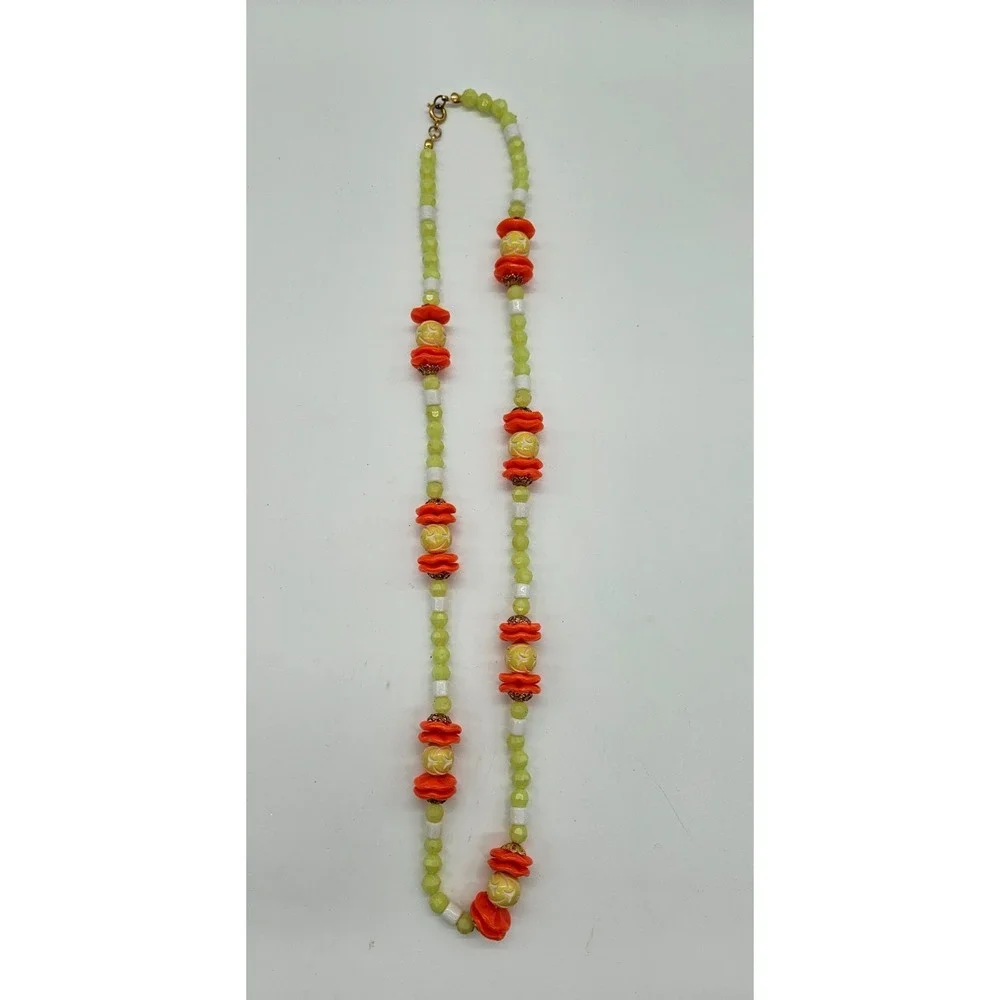 Vibrant‎ Beaded Necklace Orange Yellow Green White Statement Chunky Boho